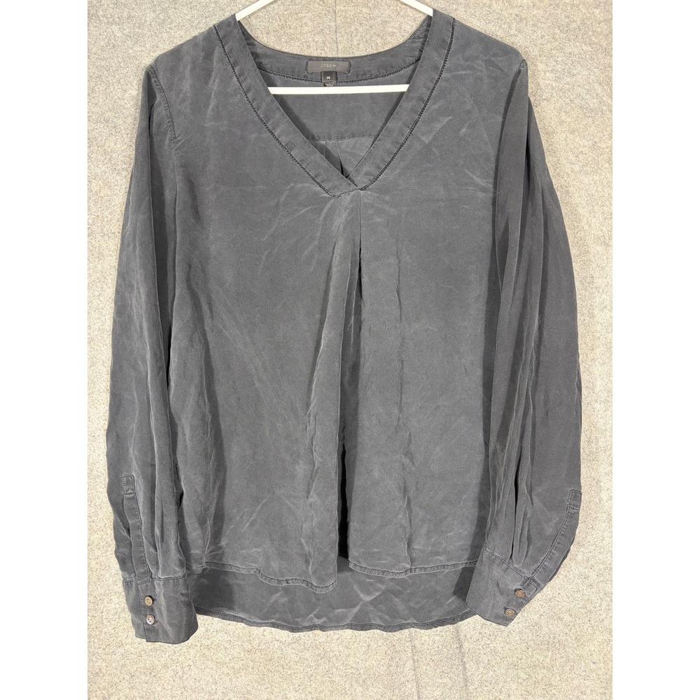 J.Crew Womens 100% Silk V-Neck Blouse Charcoal Gray Long Sleeve Top Size 14
